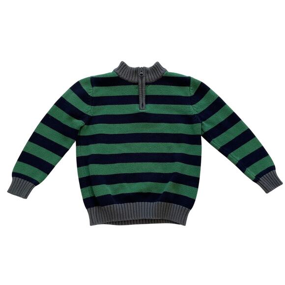 Hanna Andersson 110 Boys 4-5 Navy Green Striped Cotton 1/4 Zip Sweater - Picture 1 of 6